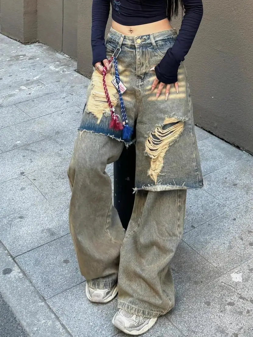 American Retro Plus Size Washed Distressed Two Piece Jeans For Women'S Street Design, Loose Straight Leg Pants
