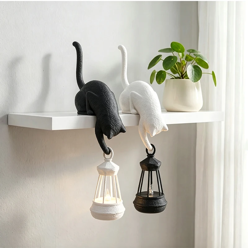Witchy Gothic Cat Shelf Sitter Statue Resin Figurine With Hanging Lantern Halloween Bookshelf Desk Home Decor Unique Gift