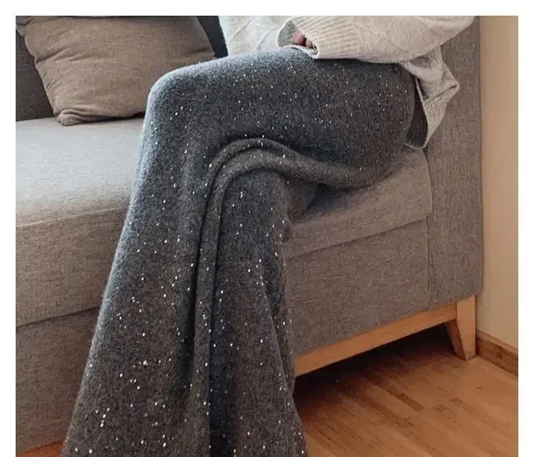 Women Autumn Winter Shiny Star Night Cashmere Knitted Pants Outerwear Bright Sequin Drape Wide Leg Wool Floor Length M417