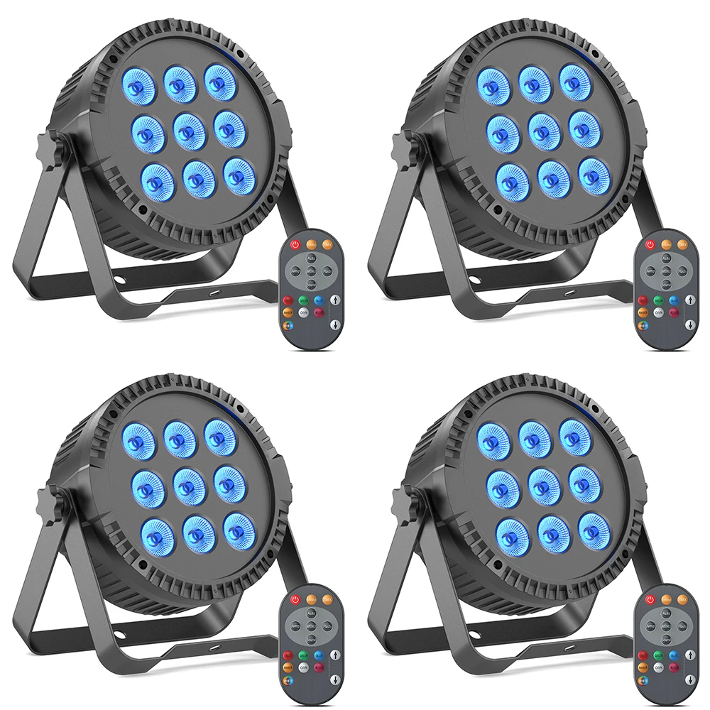 Fieryzeal 4PCS 60W 9 LED Par Light 4 IN 1 RGBW LED Lamp Beads High Brightness Effect Stage Light DMX512 for DJ KTV Bar Concert