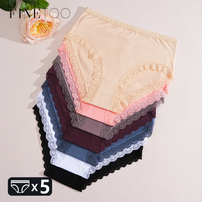 FINETOO 5Pcs Frauen Baumwolle Spitze Unterwäsche Sexy Nahtlose Atmungsaktive Höschen Plus Größe Mid-Taille Slips Weibliche Solide Weiche dessous