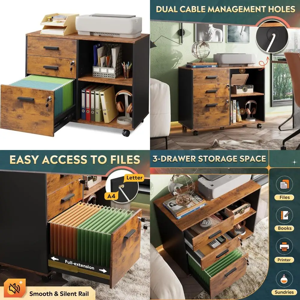

3-Drawer Wooden Lockable Lateral File Cabinet, Mobile Filing System with Open Storage Shelves, Ideal for Home Office and Printer