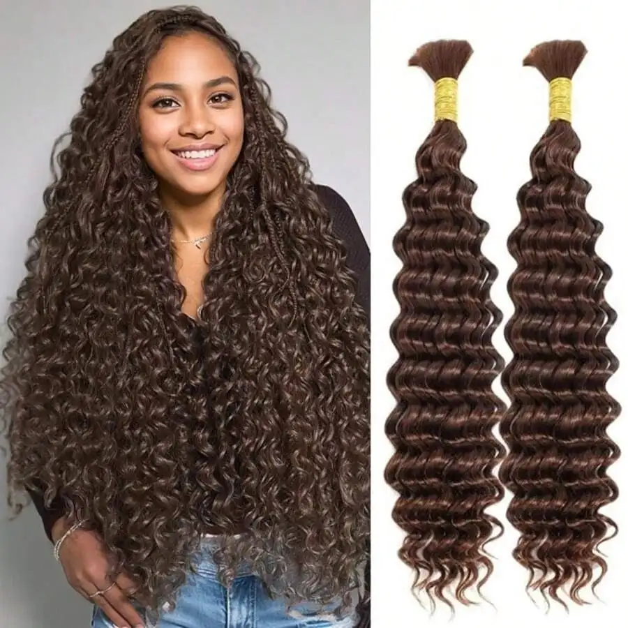 #4 Chocolate Brown Hair Bulk Deep Wave Human Braiding Hair With Delicate Curly Ends of Hair Human Hair Extensions Wide Shade Range For DIY