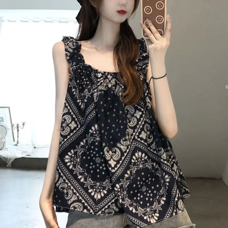 

Vintage Printed Loose Folds Sleeveless T-Shirt Female Clothing 2023 Summer New Oversized Casual Pullovers Office Lady Tee Shirt