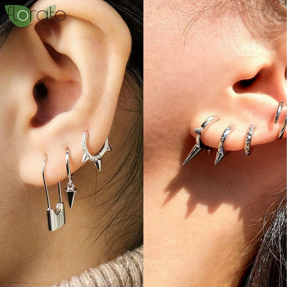 Pendientes de aro con colgante de cono de roca para hombre y mujer, aretes individuales de cartílago, joyería para Piercing de Hip Hop, aguja de Plata de Ley 925