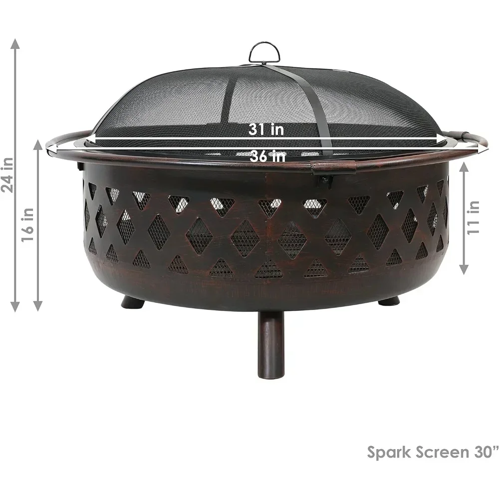 XMSJ 36-Inch Bronze Crossweave Wood-Burning Fire Pit - Includes Spark Screen, Fireplace Poker, and Round Cover