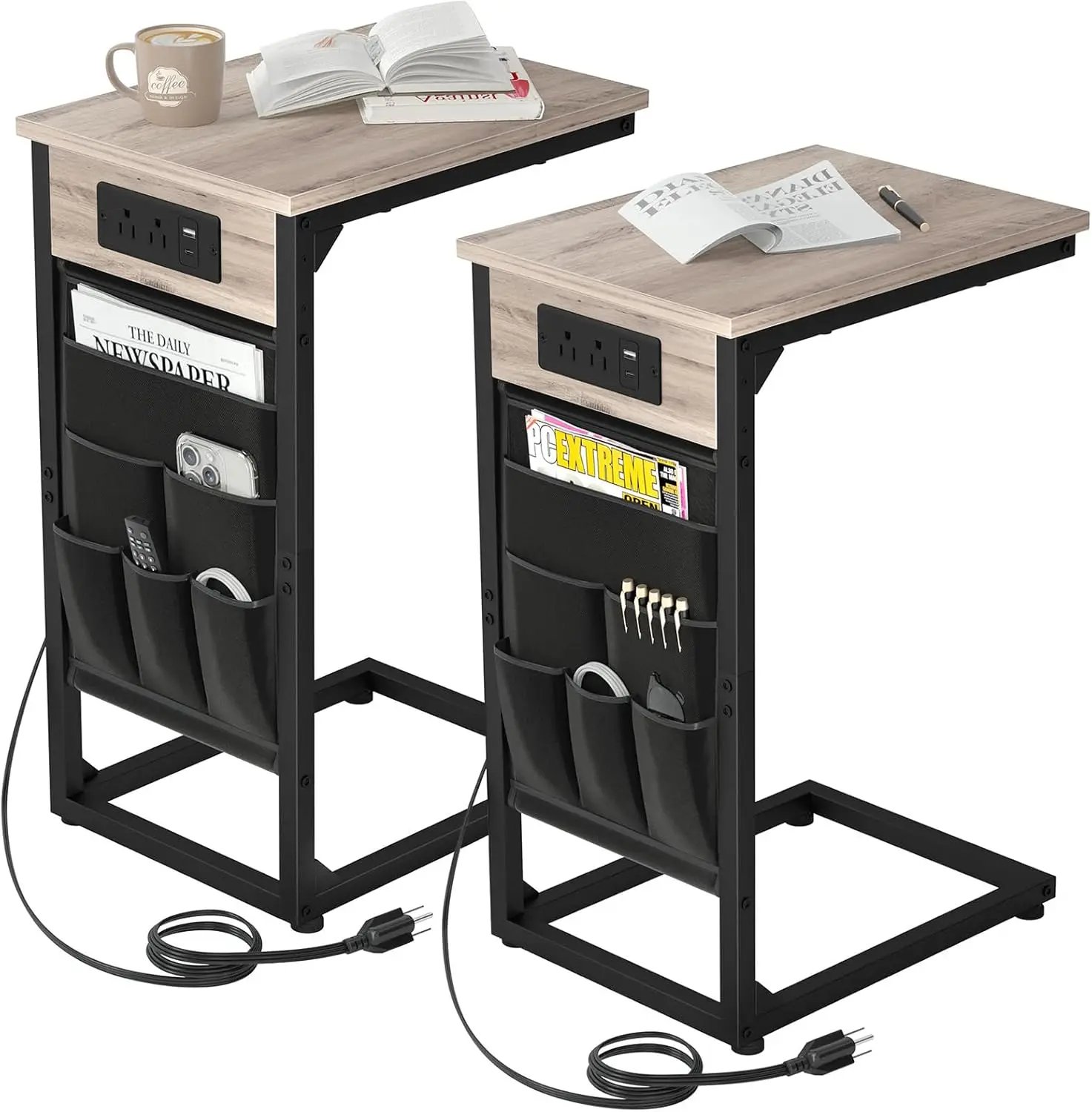 

C Shaped End Table with Charging Station, TV Tray Set of 2, Couch Tables with Storage Bag，Slide Under Sofa Side