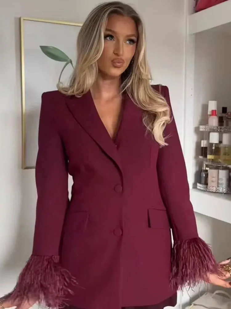 

Women Autumn Winter Feathers Women Blazer Pants Suit Lapel Button Coat Straight Wide Leg Trousers Lady Set Female Outfits