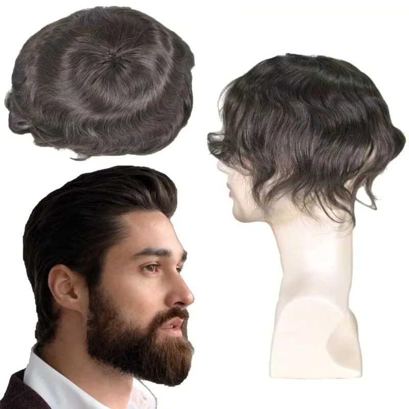 

Swiss Lace with Skin PU Men Toupee 100% Human Hair 9x7 Inch Hair System 2# Dark Brown Natural Wave Hairpieces 130% Density