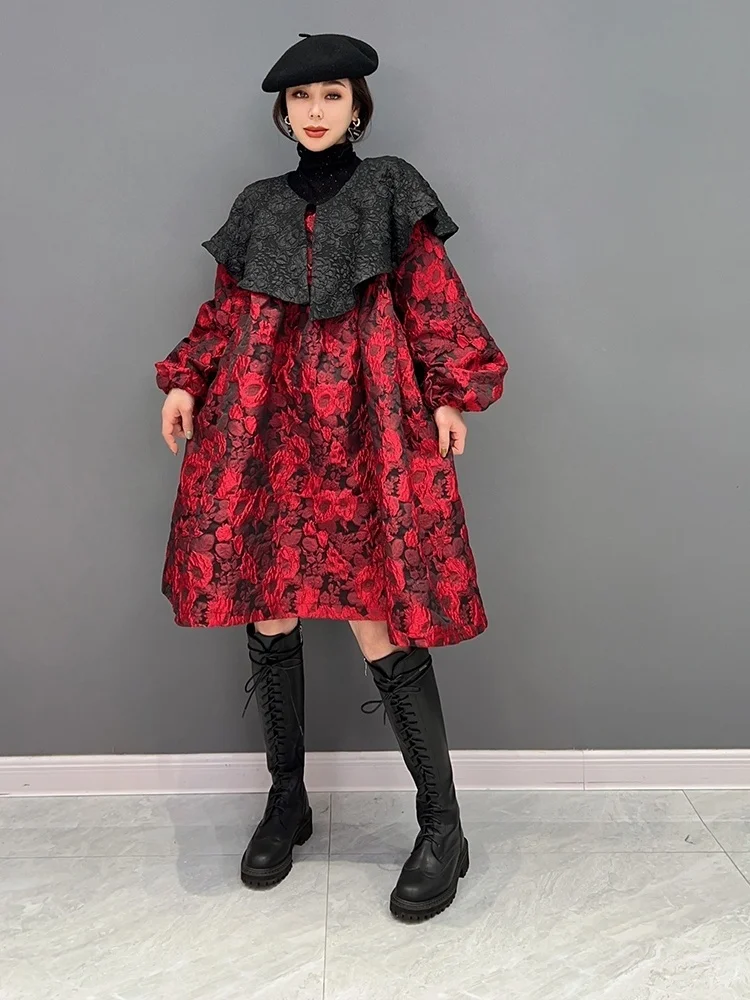 Vefadisa 2024 Autumn New Red Vintage Printed Women Dress Peter Pan Collar Lantern Sleeve  Loose Cute Mid-length Dress ZXY764A