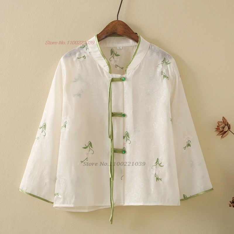 2024 chinese vintage coat national flower embroidery stand collar mesh blouse oriental hanfu tops folk sun-protective jacket