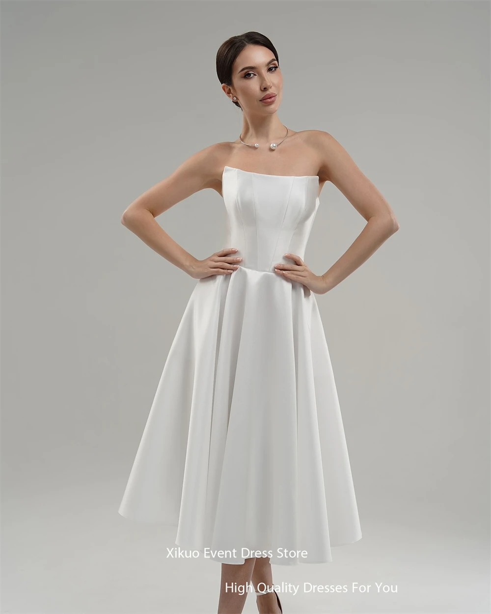 Xikuo simples meados de bezerro cetim vestidos de casamento verão sem alças vestidos de novia uma linha sem costas festa vestidos de noiva personalizado