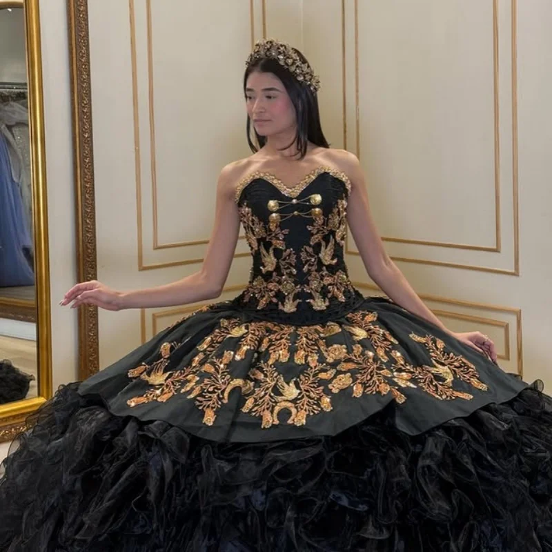 

Black Quinceanera Dress glitter Decal Lace layering Long tail Bow Vestidos De 15 Quinceanera ﻿Customize