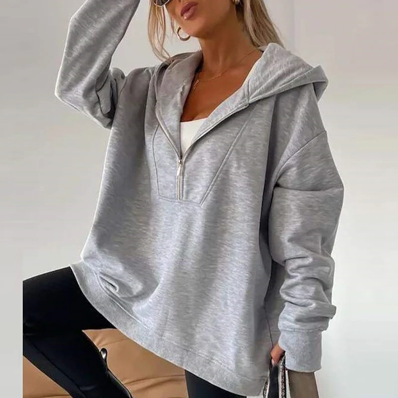 

New Autumn Retro Solid Color Hoodie Pullover Casual Zipper Long Sleeve Hooded Tops Women's Fashion High Street Loose Sweatshirt