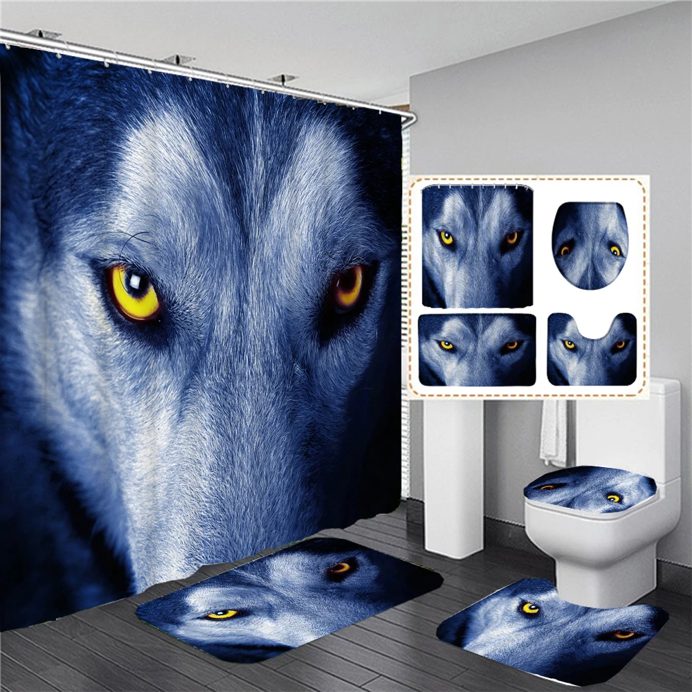 Mysterious Wolf Moon Shower Curtain Sets Rugs Toilet Lid Cover Bath Mat Waterproof Wild Animal Bathroom Shower Curtain Set Decor