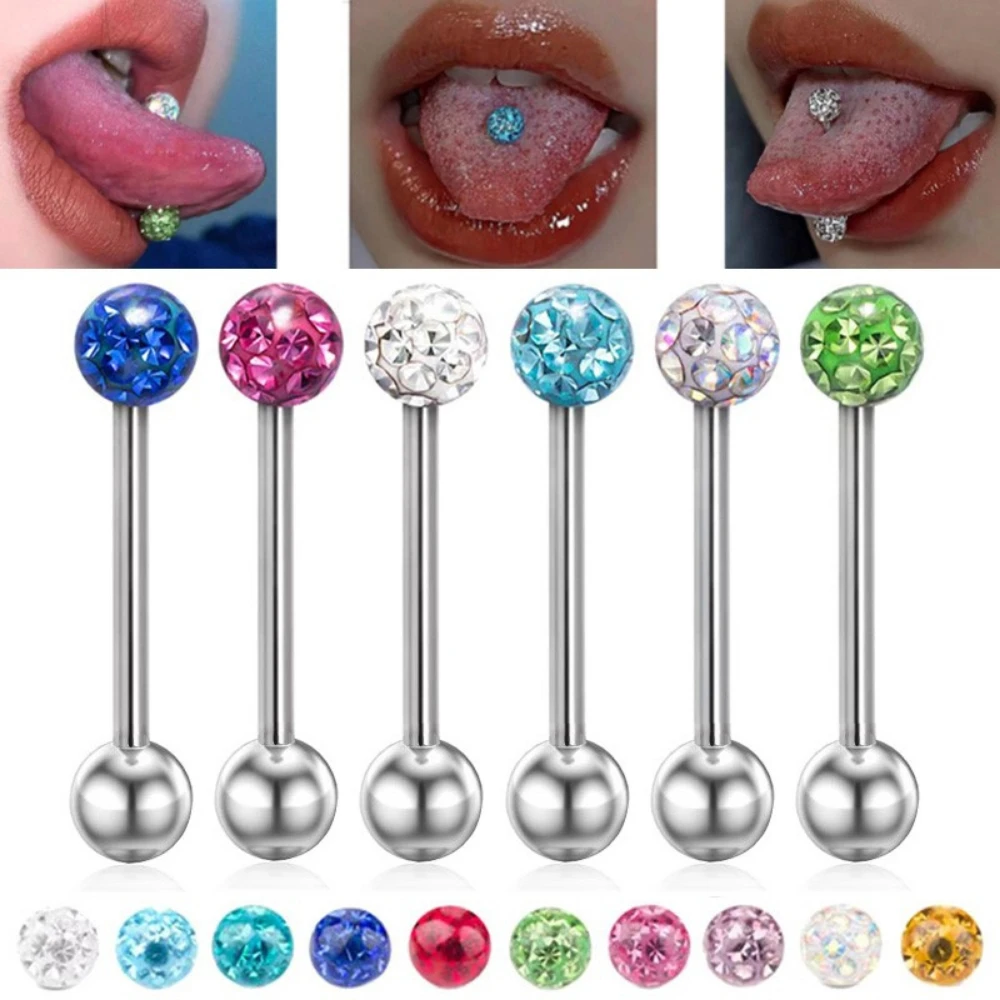 14 g 1,6 mm Epoxidharz-Kristall, 16 mm Zungenring, Barbell, chirurgischer Stahl, 6 mm Kugel-Körperpiercing-Schmuck – Detail 2