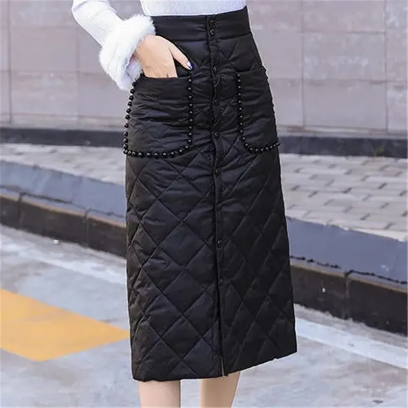 Down Cotton Skirt For Women 2024 New Autumn Winter Windproof Warm Cotton Skirt High Waist One Piece Mid-Length Skirts Female