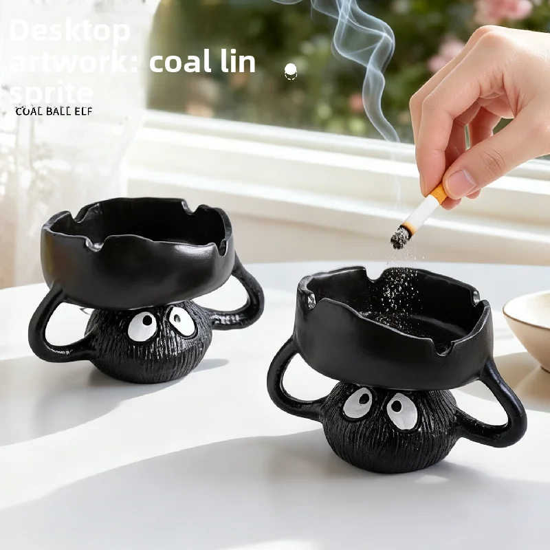 Cartoon Cute Coal Ball Ashtray, Home Living Room Coffee Table Office Desktop High-End Feel Anti-Fly Ash Ashtray Decoration