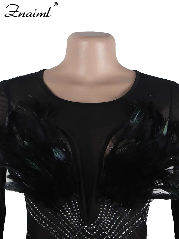 Znaiml Luxury Rhinestone Feathers Prom Party Midi Dress for Women Sexy Mesh See Through Long Sleeve Patchwork Birthday Vestidos
