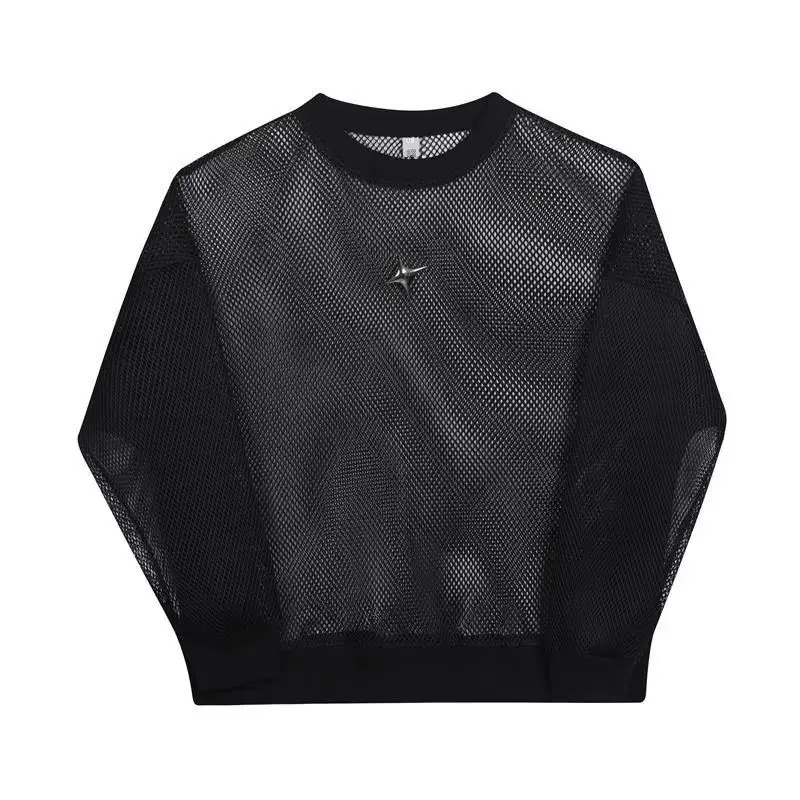 Fashion Korean Clothes Spring Hollow Out Ice Silk Fabric Men\'s Wear Sheer Out Streetwear Round Neck Long Sleeve T-shirt