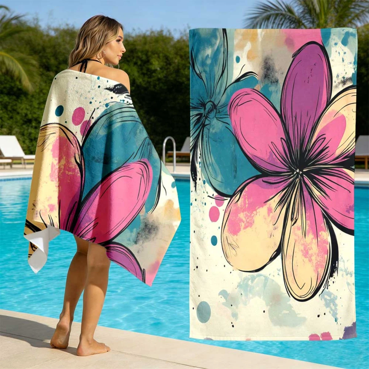 Aesthetic Watercolor Floral Microfiber Beach Towel 2D Flat Printed Sandproof Waterproof Cute Picnic Mat Travel Essentials