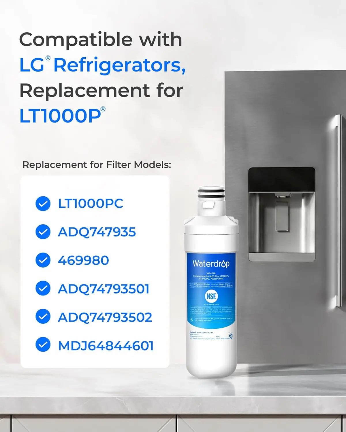 Waterdrop ADQ747935 LT1000PC Replacement for LG® LT1000P®/PC/PCS ThinQ® Refrigerator Water Filter, LFXS26973S, LMXS28626S, LMWS27626S, LFXS28596S, ADQ74793501 and LT120F® Air Filter, 5 Combo