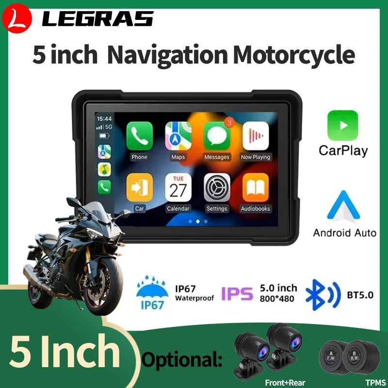 Navegación GPS para motocicleta de 5 pulgadas, reproductor Multimedia Android Auto, pantalla táctil portátil impermeable, Monitor de Motor TPMS BT