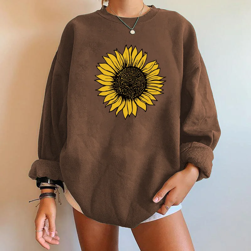 Seeyoushy Harajuku Sweatshirt Sunflower Print Women Sweatshirt Crewneck Pullover Drop Shoulder Loose Streetwear Moletom Feminino