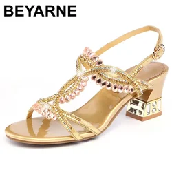 BEYARNE Women Fashion Open Toe Shining Blue Rhinestone Buckle Thick High Heel Sandals Rhinestone Gladiator Wedding Dress Shoes