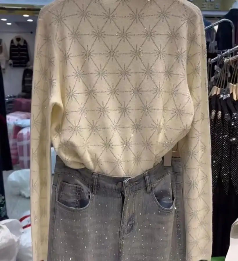 

Luxury Style Sparkle Diamonds Hot Drilling Ivory Sweater for Women Autumn/Winter Knitwear Bottoming Pullovers pull femmes