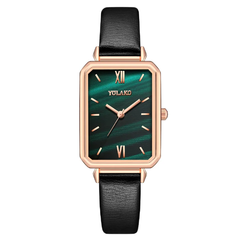 Fashion Square Dial Green Leather Strap Women Quartz Watch Casual Female Wristwatch Trendy Ladies Watches Daily Wear Girl Gifts
