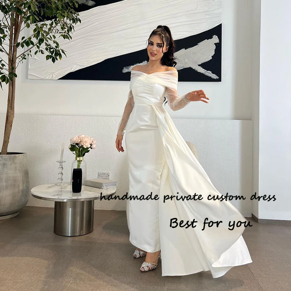 

White Mermaid Evening Dresses Off Shoulder Dubai Arabic Formal Occasion Dress with Train Ankle Length Prom Party Gowns