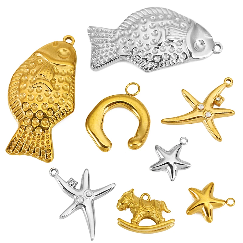 5pcs Stainless Steel Goldfish Charms Star Rocking Horse Horse Hoof Pendants for DIY Necklace Earrings Jewelry Making Supplies view 3
