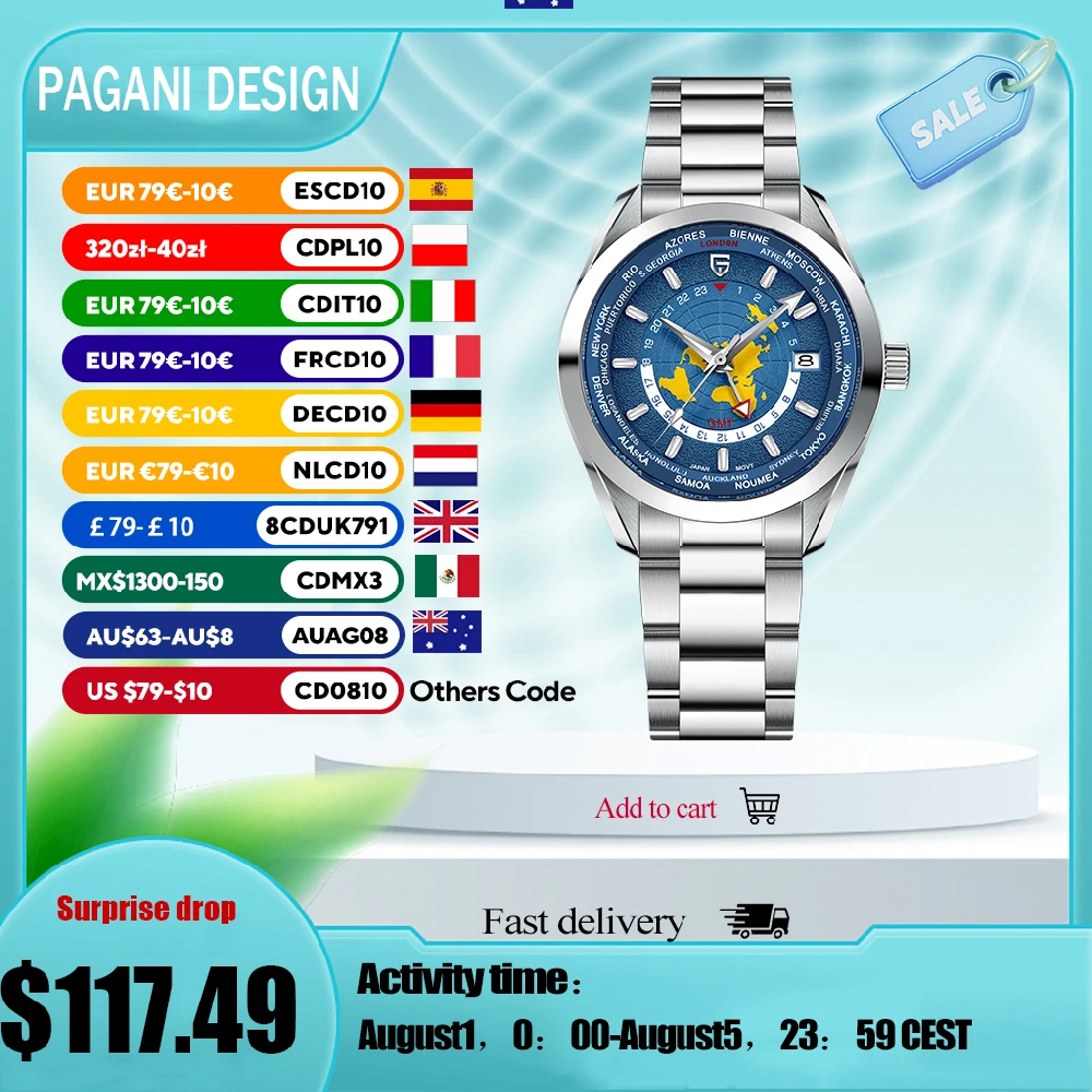

2025 New PAGANI DESIGN World time GMT Zone Map Men's Watches Automatic Watch For Men Mechanical Waterproof 100M Wristwatch Men