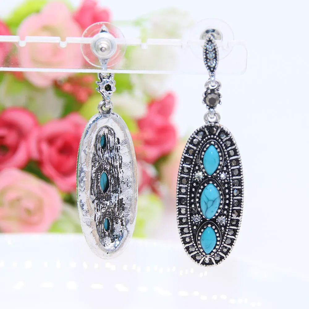 Sunspicems Vintage Turkish Women Drop Earrings Artificial turquoise Bohemia Long Earring Antique Silver Color Nepalese Jewelry