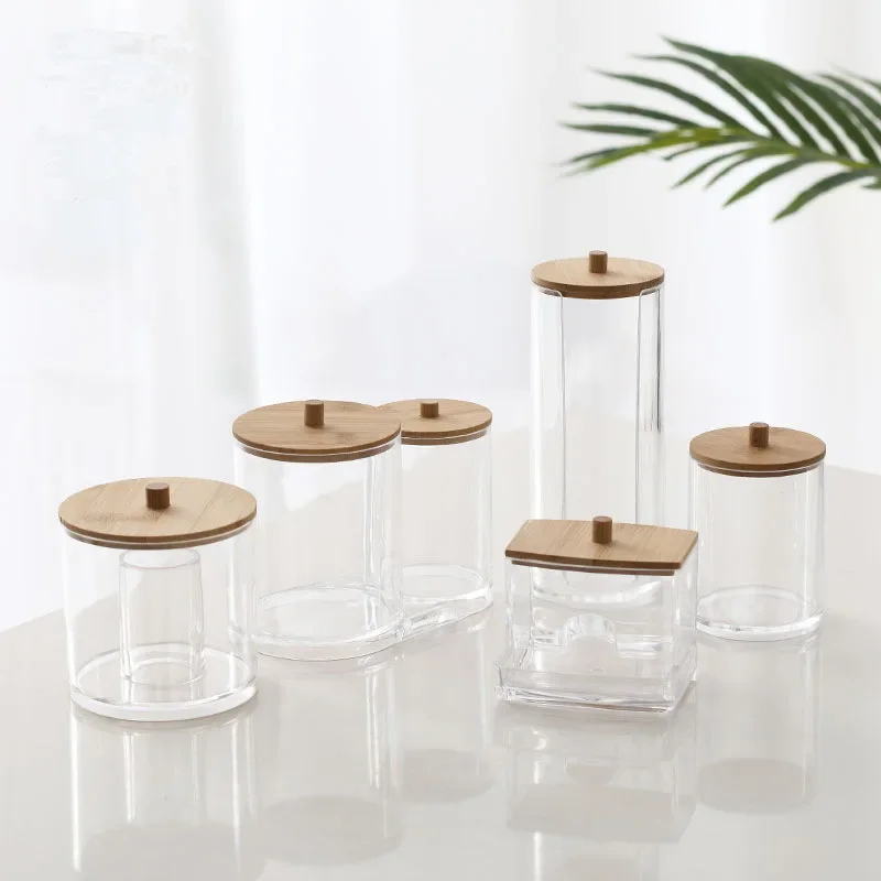 

Acrylic cotton swab storage box Cosmetic cotton crystal storage box wood cover cotton swab organizer desktop box Transparent