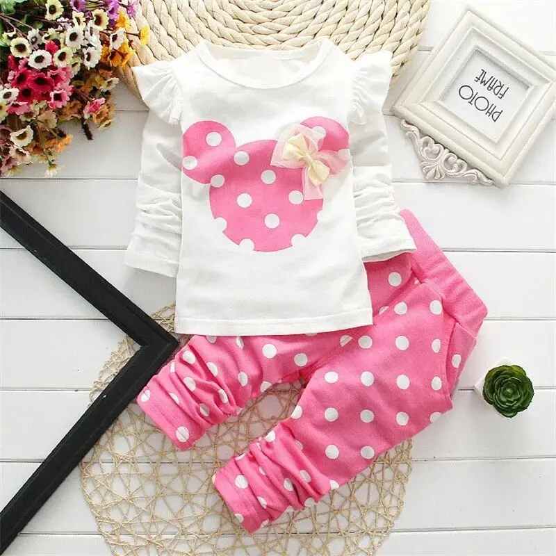 Children's Set 0-2 Year Old Pure Cotton Dot Girl's Long sleeved T-shirt Long Pants Set Bow Girl Pullover Long Pants Set