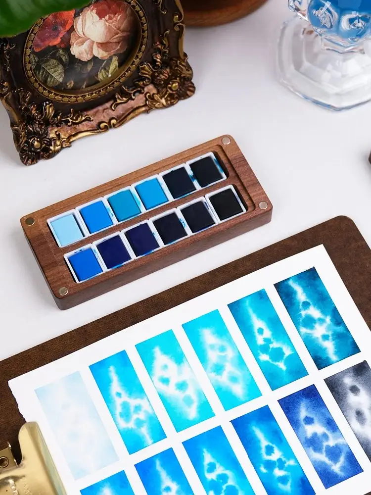 SeamiArt 12-Farben-Gletscherblau-Töne Professionelles Festes Aquarellfarben-Set mit Walnuss-Malbox-Palette für Kunstbedarf