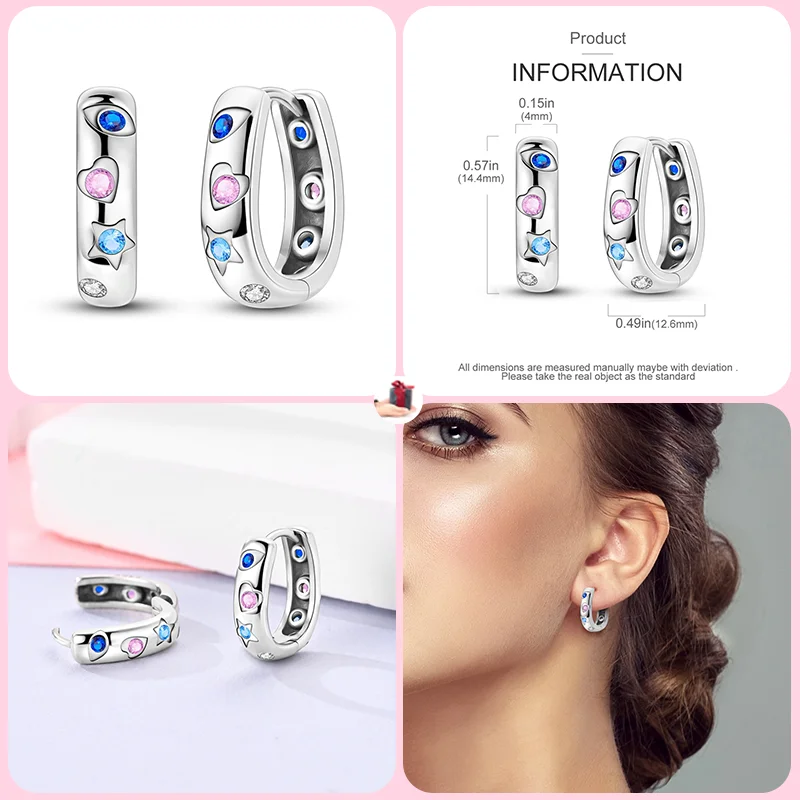 New 925 Sterling Silver Women's Star Moon Cat Spring Pink Zircon Earrings Exquisite Engagement Wedding Memorial Jewelry Gift