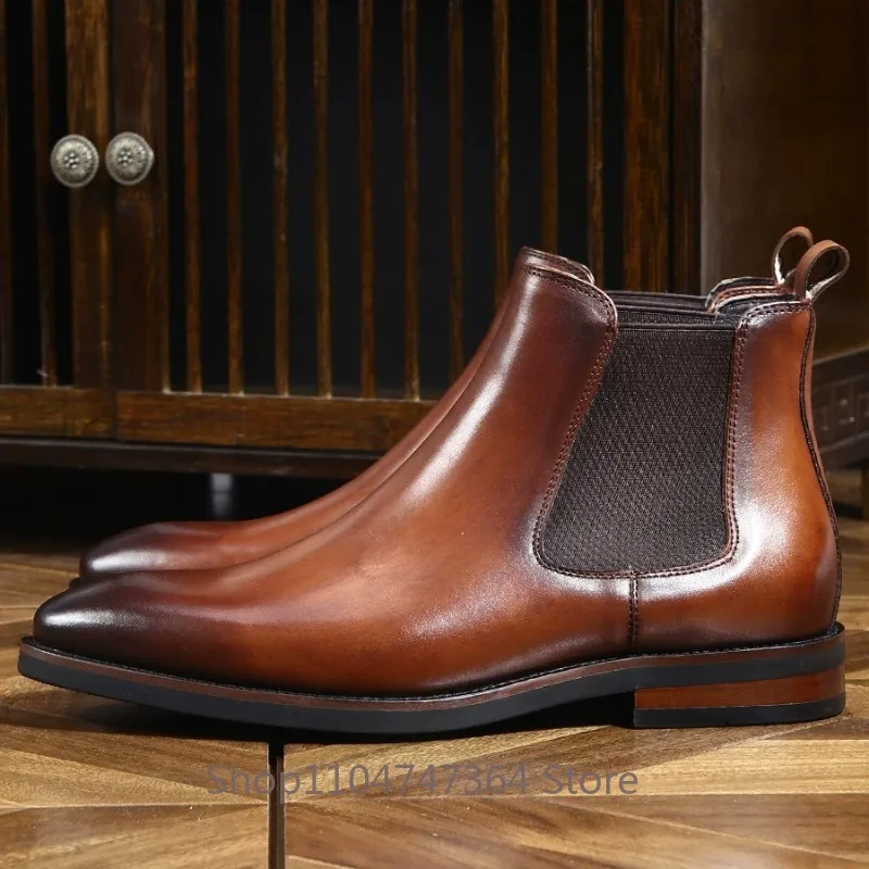 

Handmade Shoes Men's High-end British Thick Soled Chelsea Boots Male Genuine Leather Formal Square Toe High Top Ankle Boots