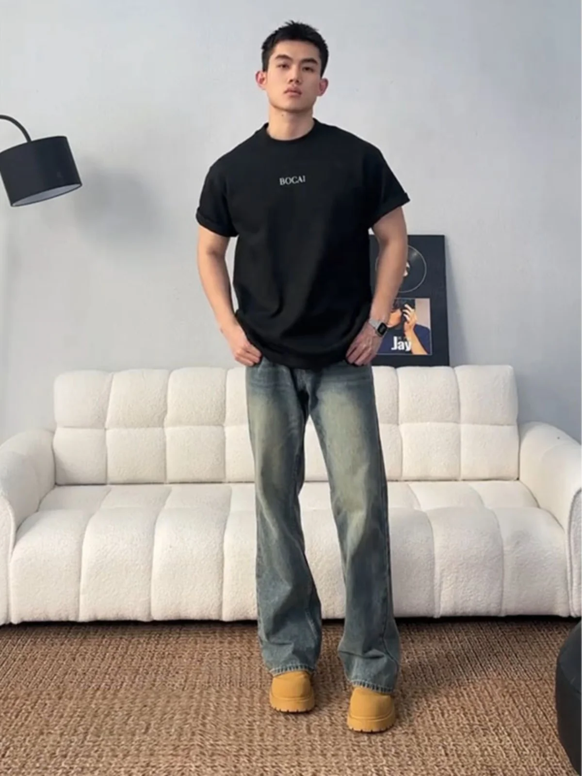Retro American Straight Leg Men's Jeans Spring New Washed Faded Micro Flared Cleanfit Slim Fit Jeans Youth Trendy Long Pants