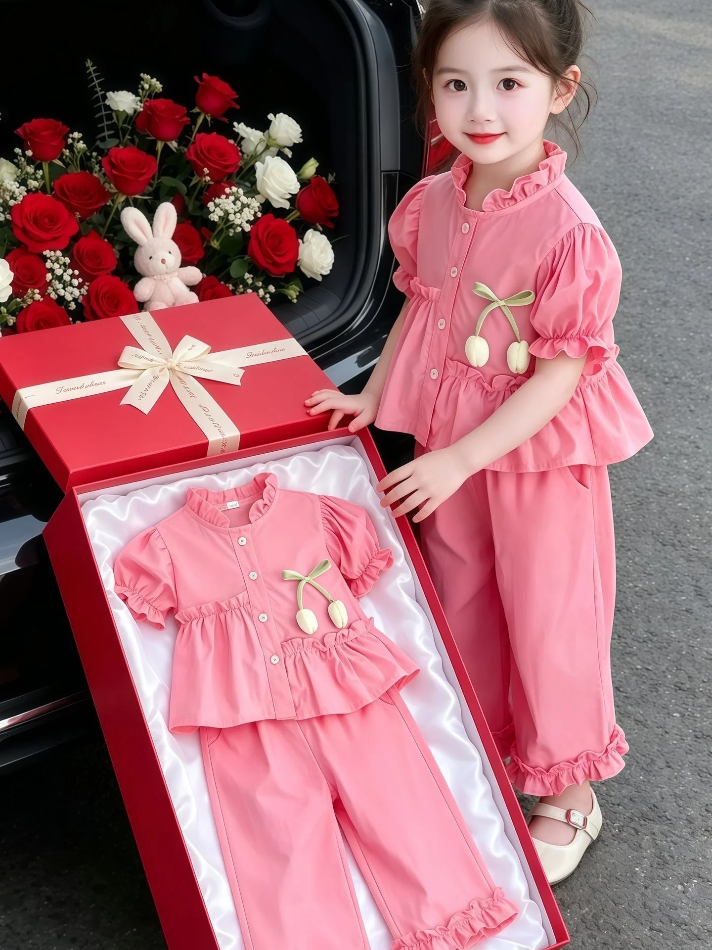 cute-sweet-korean-style-girls-shirt-set-short-sleeve-ruffle-wide-leg-pants-two-piece-suit-summer-fashionable-children's-outfit