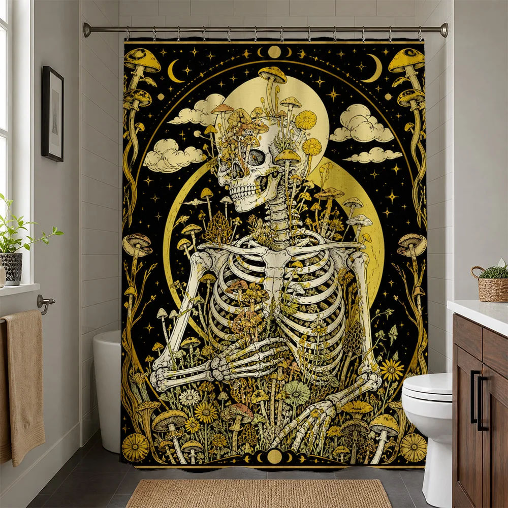 Gothic Skeleton Mushroom Pattern Waterproof Shower Curtain Bathroom Liner Dark Decor Steampunk Art Celestial Skull Tapestry Show