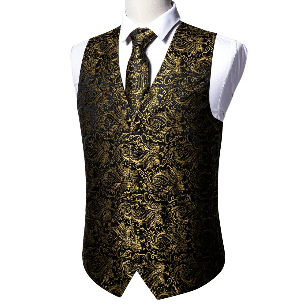 4Pc Gold Bloemen Zijde Vest Mannen Slim Pak Vest Zwarte Stropdas Zakdoek Manchetknopen Tie Vest Barry.Wang Business