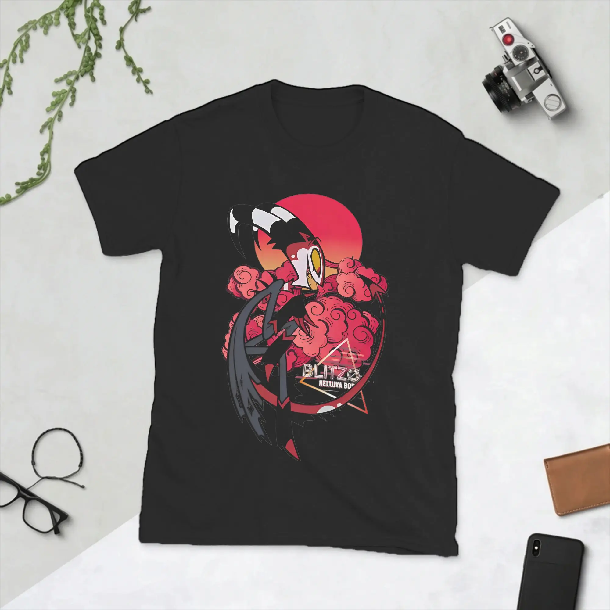 Helluva-Boss Retro Blitzo T Shirts for Men Pure Cotton Novelty T-Shirts Round Neck  Tees Short Sleeve Clothing Printed
