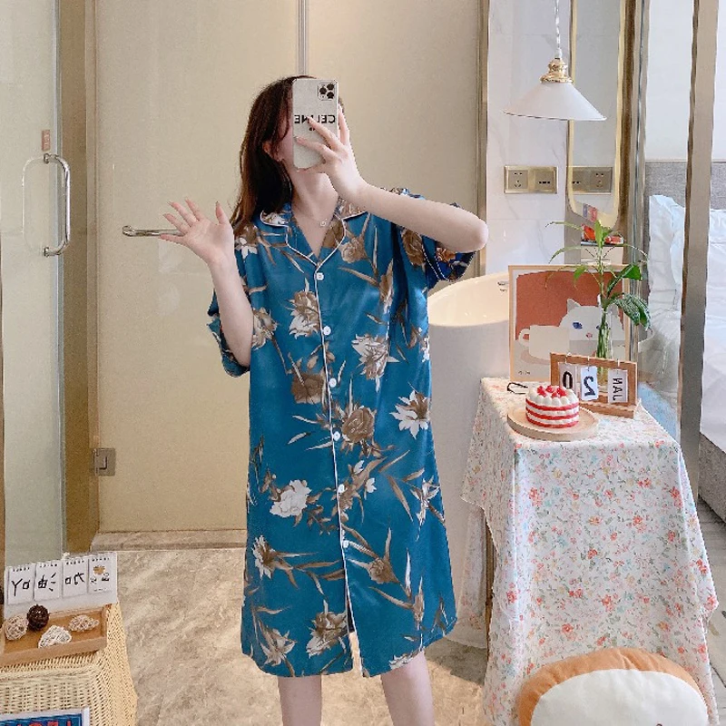 New Fashion Summer Soft Silk Nightgown Half Sleeve Leaves Printing Turn-down Collar Homedress Leisure Satin Nightdress For Women