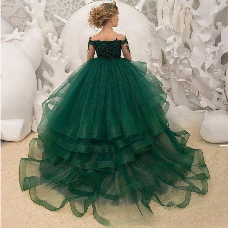 

Детское бальное платье со шлейфом, платье с длинными рукавами и цветочным узором для девочек, праздничное платье, новый кружевной костюм принцессы