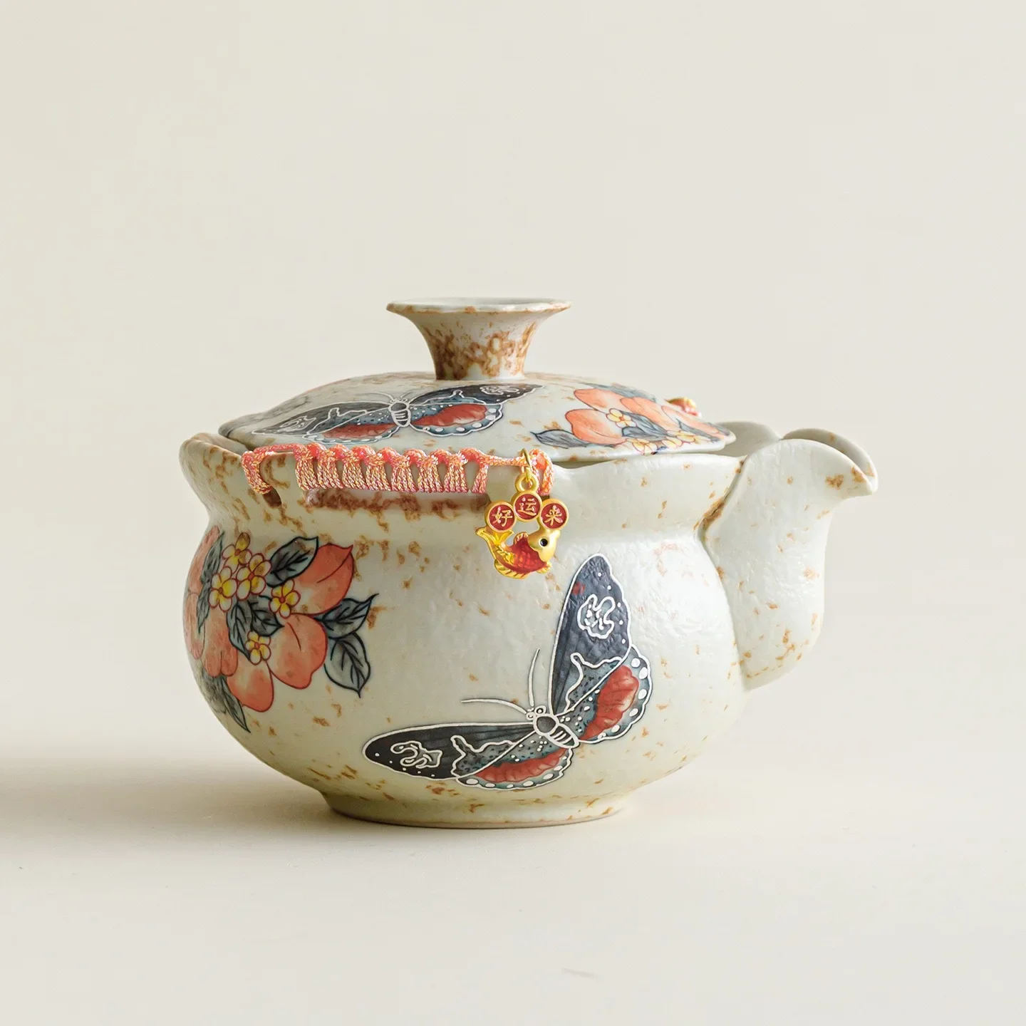Caramel Glazed Peach Butterfly Dance Bottle Hand Holding Pot Ceramic Anti-scalding KungFu TeaSet Chinese Brewing Teapot Souvenir