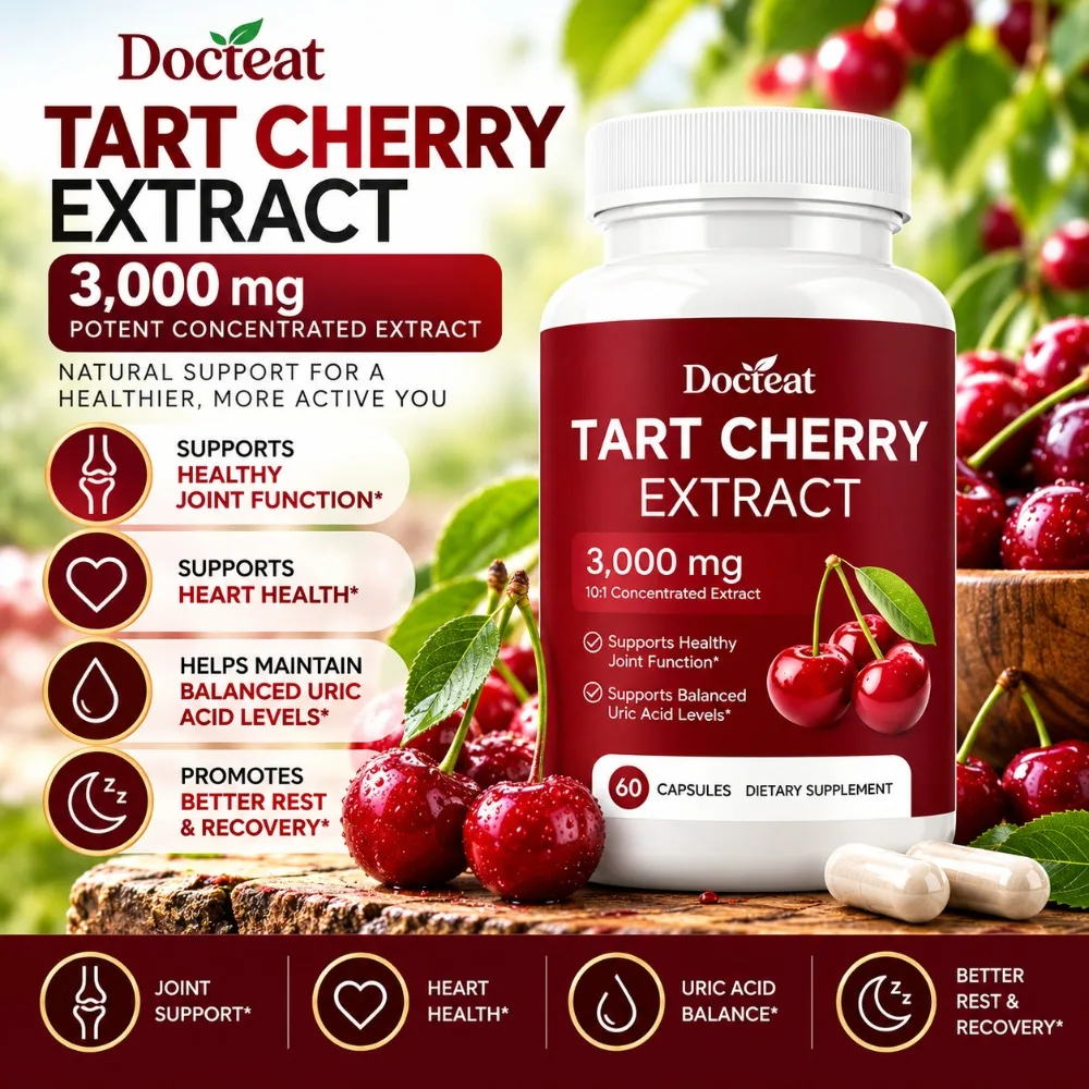 Docteat Tart Cherry Extract Capsules Supports Balanced Uric Acid Levels and Post-Exercise Recovery Comfort, 10:1, 60 Capsules