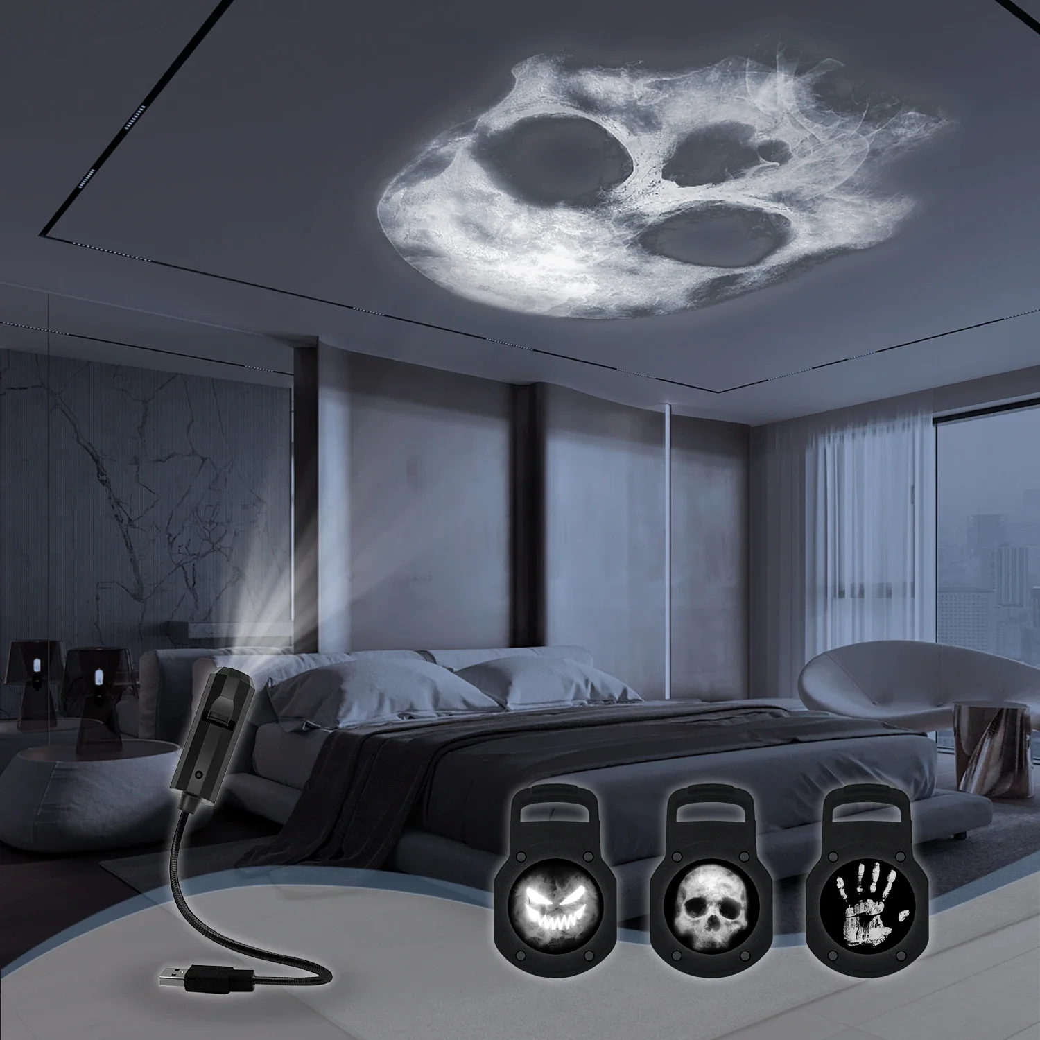 Skull projection lamp, 1+3 switchable pattern design, LED night light, suitable for room wall ceiling decoration, Halloween gift
